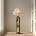 Contemporary Floor Lamp With Sculpted Wooden Base And Beige Pleated Lampshade