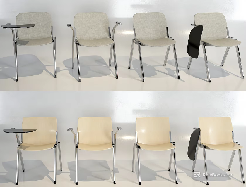 Gray and Beige Modern Office Chairs with Fabric Seats Metal Frames Armrests and Small Tables 3d model 