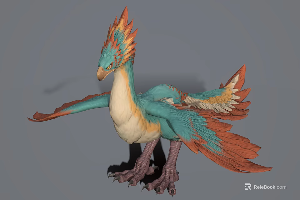 Colorful Fantasy Bird Character With Orange Crest Blue Feathers White Belly And Extended Wings 3d model 