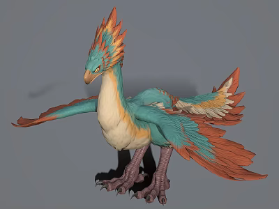 Colorful Fantasy Bird Character With Orange Crest Blue Feathers White Belly And Extended Wings 3d model