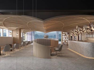 Modern Bookstore Interior Design With Curved Wooden Ceiling Marble Bar Counter And Bookshelves 3d model