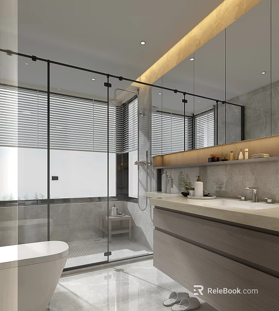 Modern Bathroom Interior With Glass Shower Enclosure Large Mirror Gray Marble Walls And Vanity Counter 3d model 