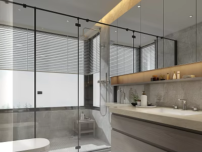 Modern Bathroom Interior With Glass Shower Enclosure Large Mirror Gray Marble Walls And Vanity Counter 3d model