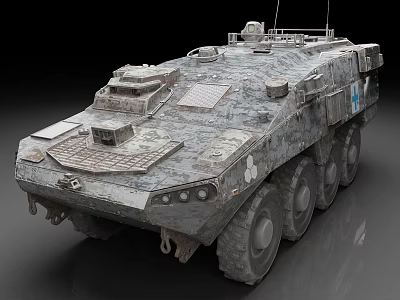 Tactical Military Wheeled Armored Vehicle With Weathered Camouflage And Roof Mounted Equipment 3d model