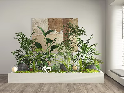 Indoor Bonsai Plants In White Planter With Green Foliage Stones Small Ornaments And Abstract Painting 3d model