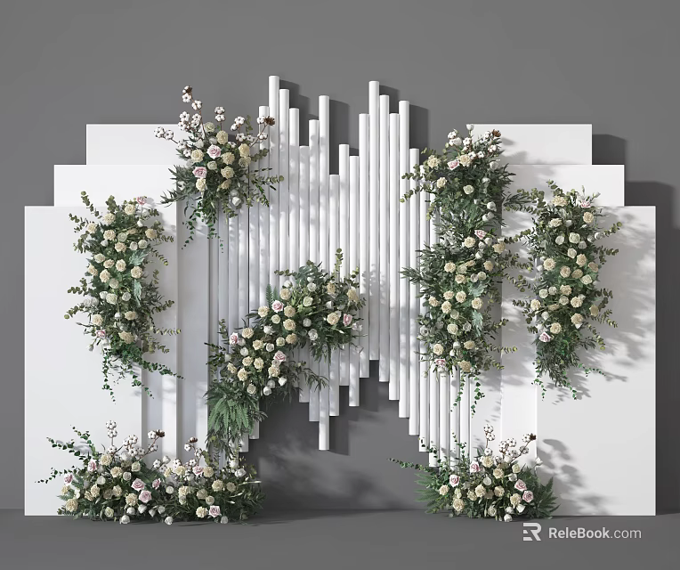 Decorative Wall With White Vertical Slats And Green And White Floral Arrangements 3d model 