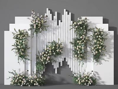 Decorative Wall With White Vertical Slats And Green And White Floral Arrangements 3d model