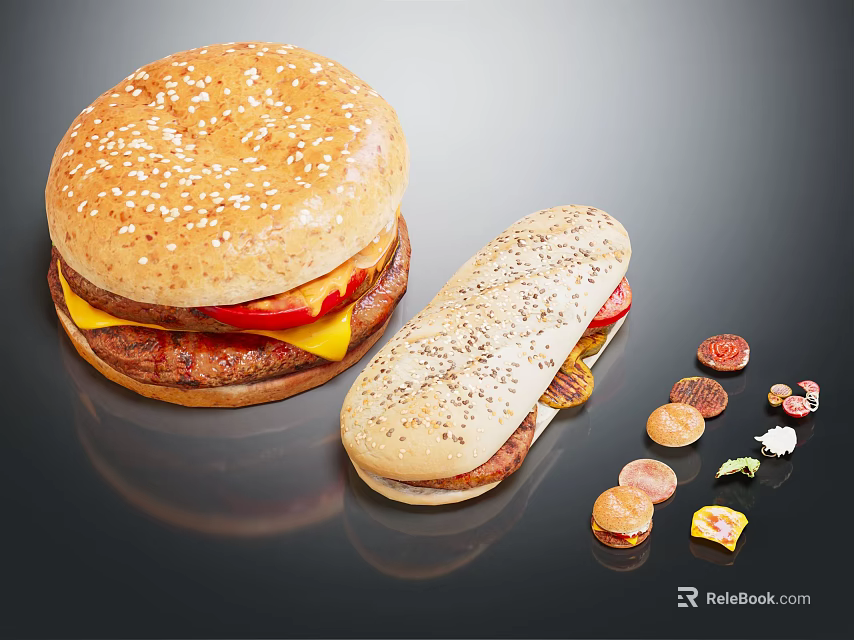 Tasty Sesame Seed Burger and Black Pepper Sandwich with Patty Cheese Tomato and Fresh Ingredients 3d model 