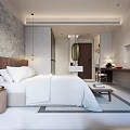 Modern Hotel Room Interior With King Bed Blue Bathtub Flat Screen TV And Mountain View
