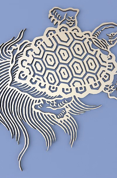 Intricate Turtle Shaped Carving With Geometric Shell Patterns And Wavy Decorative Lines 3d model