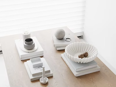 Minimalist Decorative Ornament Set On Wooden Table With Stacked Books And Bowls 3d model