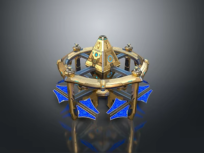 Intricate Symmetrical Mechanical Structure With Golden Frame Blue Decorative Accents And Geometric Top 3d model