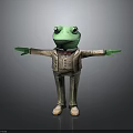 Green Frog Wearing Beige Suit With Red Bow Tie And Outstretched Arms On Gray Background