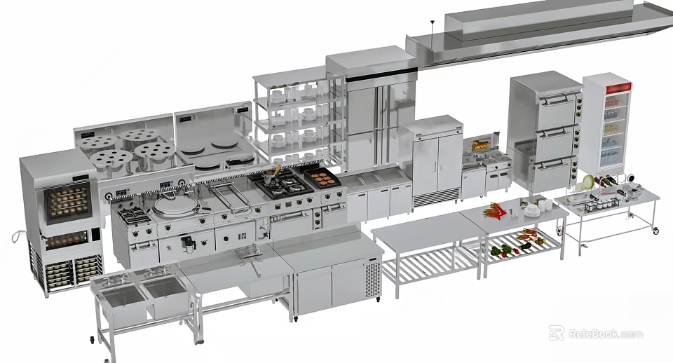Commercial Kitchen Layout With Stainless Steel Appliances Cooking Equipment And Worktables 3d model 