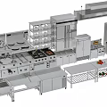 Commercial Kitchen Layout With Stainless Steel Appliances Cooking Equipment And Worktables