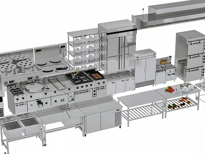 Commercial Kitchen Layout With Stainless Steel Appliances Cooking Equipment And Worktables 3d model