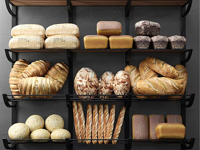Assorted Fresh Breads Displayed on Black Metal Shelves Including Loaves Rolls and Baguettes 3d model