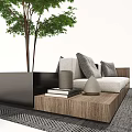 Modern Multi Seat Sofa with Gray Cushions Wooden Frame Side Table and Potted Tree