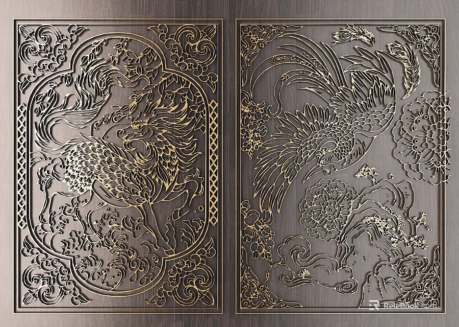 Exquisite Chinese Style Phoenix Carving On Dark Metal Panels With Golden Patterns 3d model 