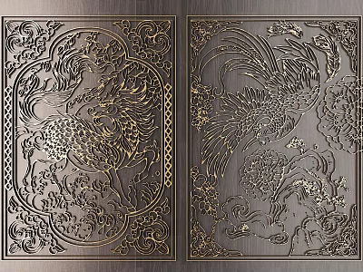 Exquisite Chinese Style Phoenix Carving On Dark Metal Panels With Golden Patterns 3d model