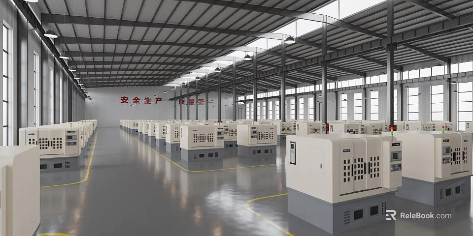 Industrial Factory Workshop Interior With Neatly Arranged Machines Metal Roof Gray Floor And Yellow Lines 3d model 