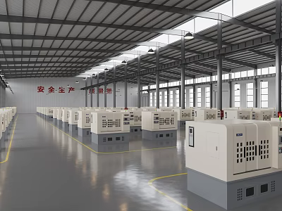 Industrial Factory Workshop Interior With Neatly Arranged Machines Metal Roof Gray Floor And Yellow Lines 3d model