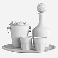 Elegant Glass Decanter and Whiskey Glasses with Ice Bucket and Cubes on Silver Tray