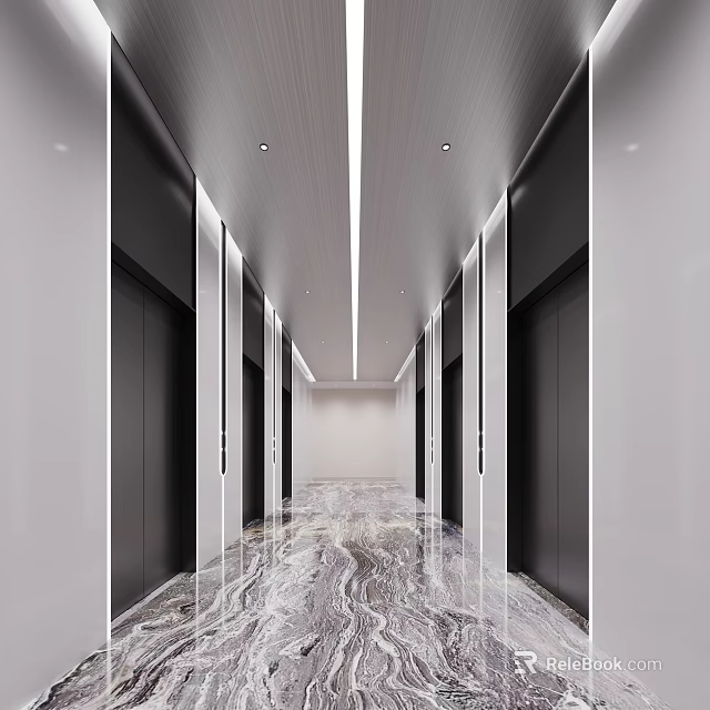 Modern Elevator Corridor Interior Design With Sleek Walls Marble Floor And Recessed Lights 3d model 