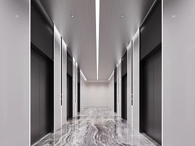 Modern Elevator Corridor Interior Design With Sleek Walls Marble Floor And Recessed Lights 3d model