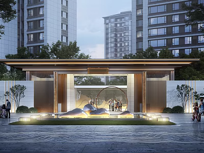 Modern Entrance Gate With Lush Green Trees High Rise Buildings Illuminated Lights And Artistic Sculpture 3d model