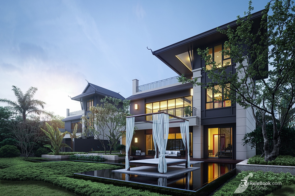 Chinese Style Detached Villa With Courtyard Pool Lush Greenery And Illuminated Terrace With White Curtains 3d model 