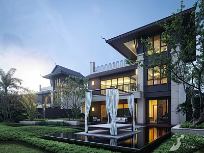 Chinese Style Detached Villa With Courtyard Pool Lush Greenery And Illuminated Terrace With White Curtains 3d model