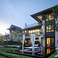 Chinese Style Detached Villa With Courtyard Pool Lush Greenery And Illuminated Terrace With White Curtains