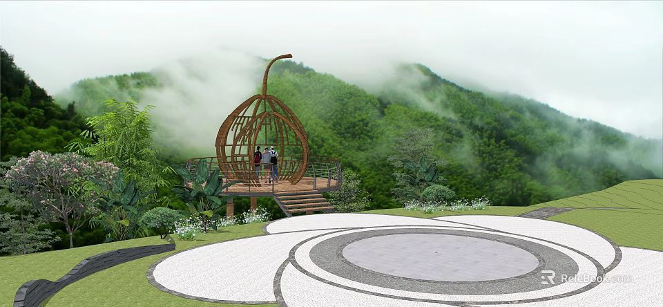 Scenic Road Facilities With Wooden Fruit Shaped Platform Steps Circular Pavement And Misty Mountain Views 3d model 