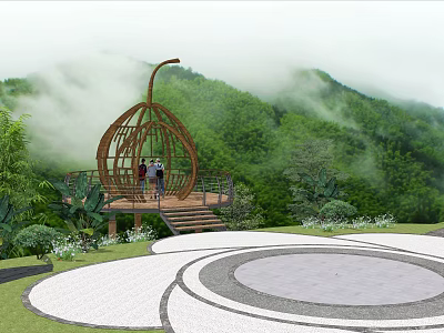 Scenic Road Facilities With Wooden Fruit Shaped Platform Steps Circular Pavement And Misty Mountain Views 3d model