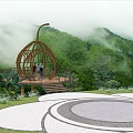 Scenic Road Facilities With Wooden Fruit Shaped Platform Steps Circular Pavement And Misty Mountain Views
