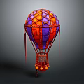 Vibrant Red And Purple Hot Air Balloon With Intricate Net Design And Basket