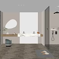 Modern Bathroom Interior With Round Mirror Marble Vanity Glass Shower And Recessed Lighting