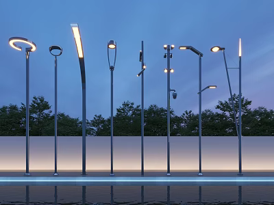 Modern Outdoor Lights With Various Styles For Evening Illumination By Trees And Water 3d model