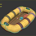 Small White Animal Toy Inside Yellow Inflatable Boat With Blue Hat