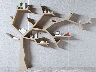 Tree Shaped Bookshelf With Branched Shelves Books Potted Plants Decor Clock And Gray Wall Background 3d model