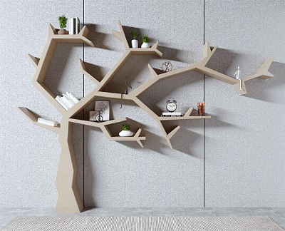 Tree Shaped Bookshelf With Branched Shelves Books Potted Plants Decor Clock And Gray Wall Background 3d model