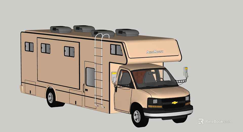Beige Chevrolet Roadtrek Recreational Vehicle with Ladder Roof AC Units and Windows 3d model 