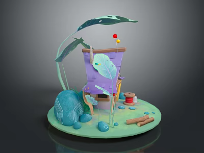 Cute Cartoon Scene Featuring Purple Leaf House Green Leaves Blue Stones Thread Spool and Logs 3d model