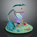 Cute Cartoon Scene Featuring Purple Leaf House Green Leaves Blue Stones Thread Spool and Logs