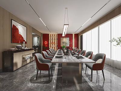 Elegant Private Dining Room With Long Table Chairs And Art Decor 3d model