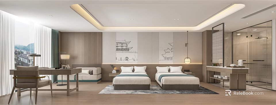Modern Hotel Guest Room With Twin Beds Wooden Walls And Decorative Paintings 3d model 