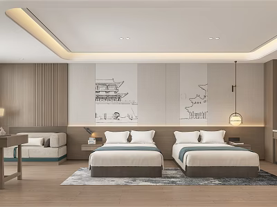 Modern Hotel Guest Room With Twin Beds Wooden Walls And Decorative Paintings 3d model