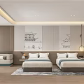 Modern Hotel Guest Room With Twin Beds Wooden Walls And Decorative Paintings