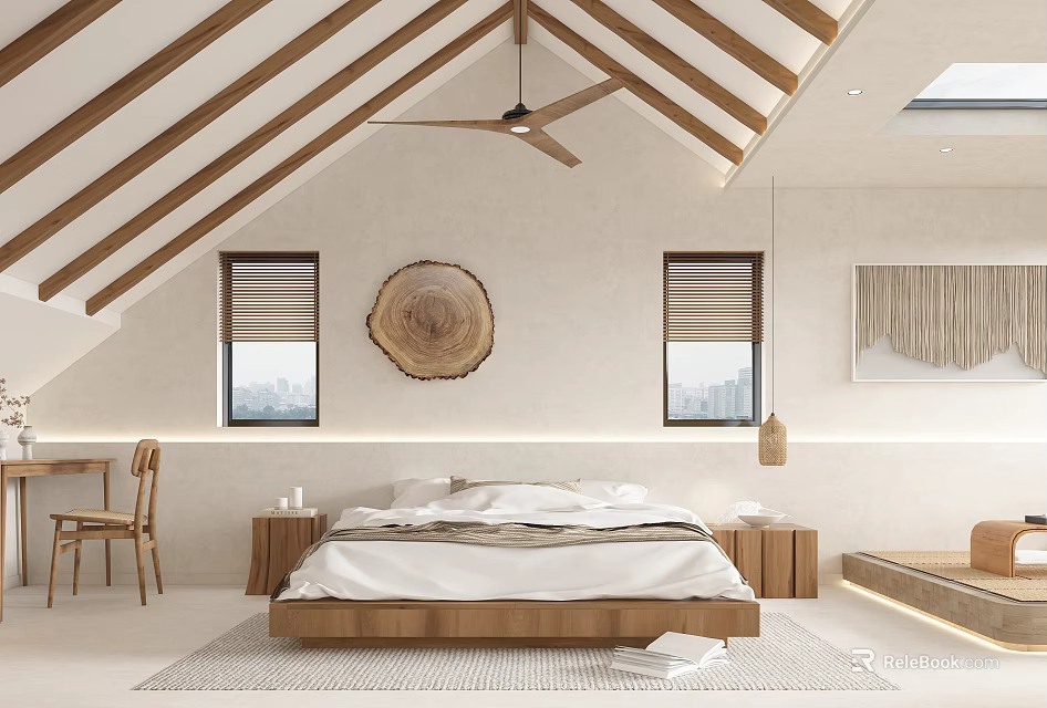 Hotel Guest Room With Vaulted Wooden Beam Ceiling Ceiling Fan And Circular Wooden Slice Decor 3d model 